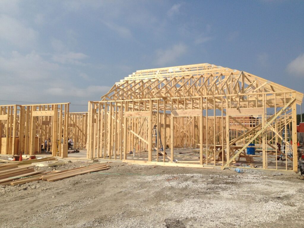 Wood stud and truss framing on a ground-up build